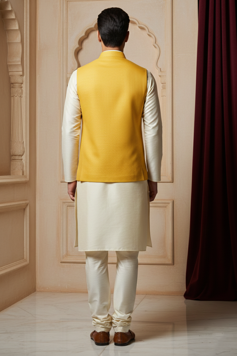 Mustard Nehru Jacket with Cream Kurta Set