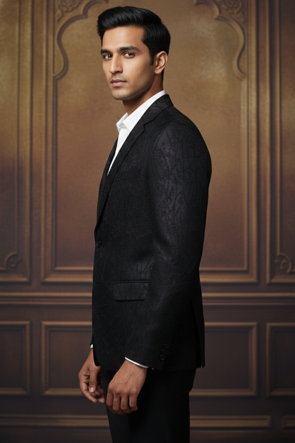 Black Textured Blazer with Abstract Pattern & Notched Lapel