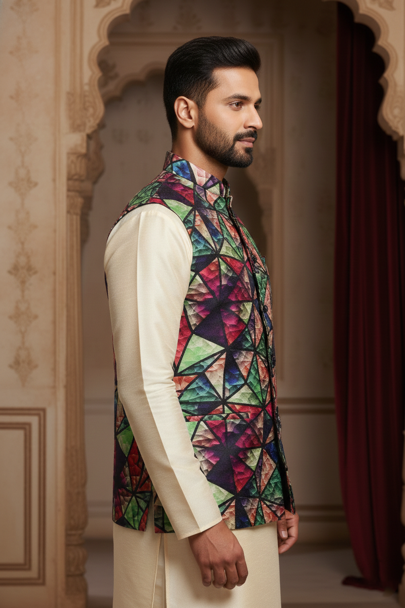 Geometric Fusion: The Avant-Garde Abstract Nehru Jacket