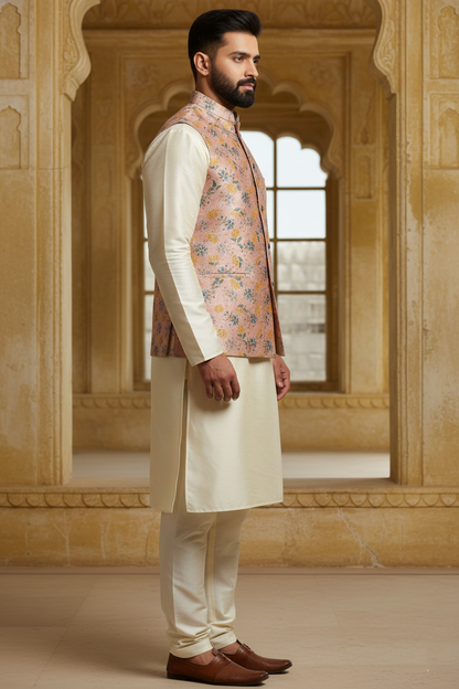Title: Pastel Harmony: The Rose-Toned Botanical Nehru Ensemble