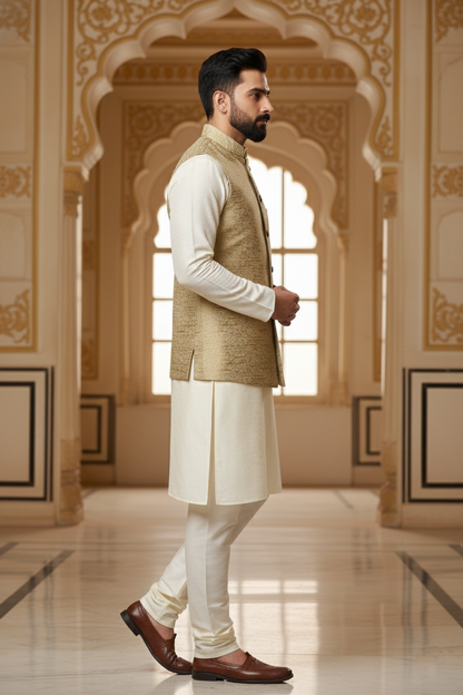 Men’s Gold Beige Nehru Jacket with Subtle Textured Work | Ethnic Waistcoat