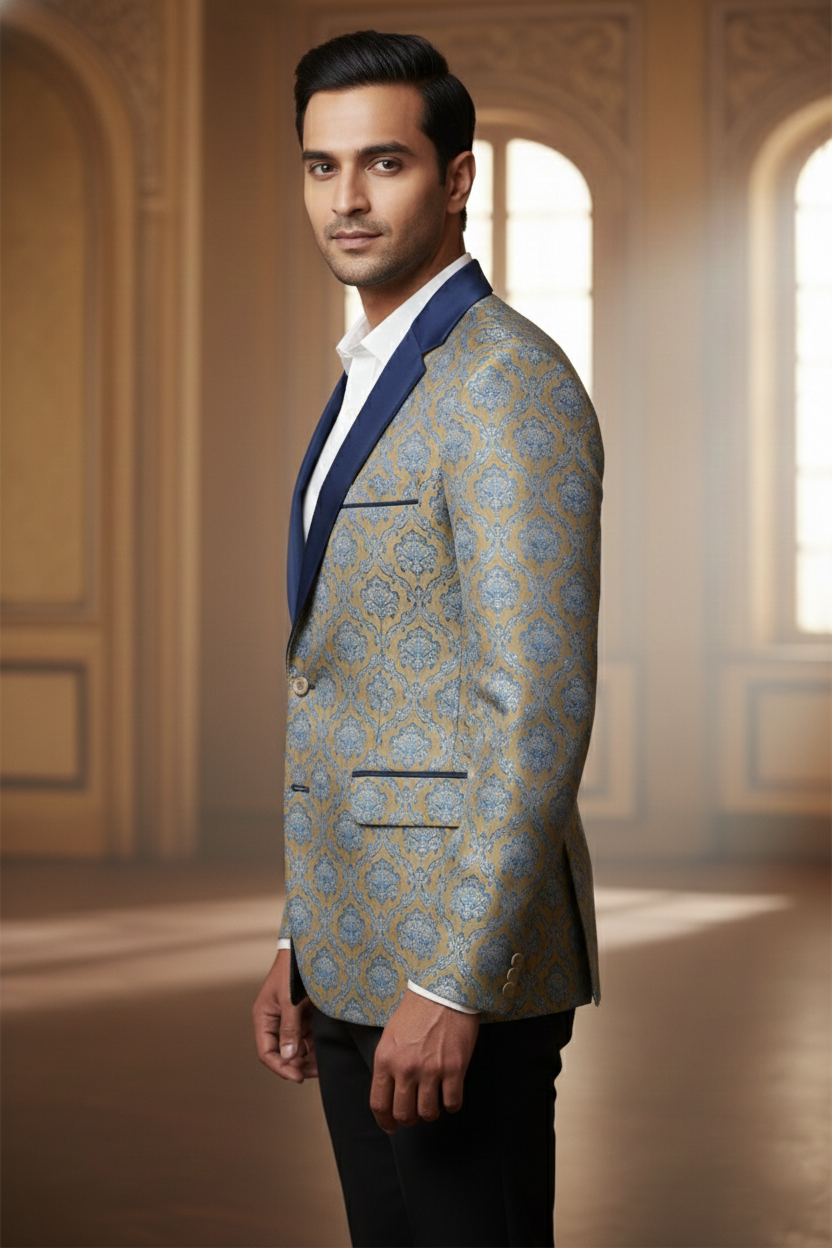 Gold & Light Blue Brocade Blazer with Satin Lapels