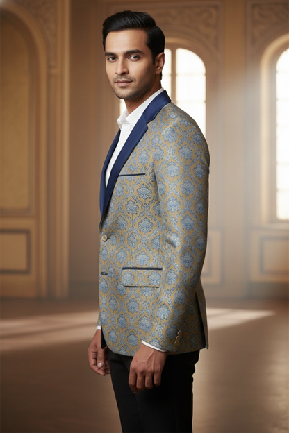 Gold & Light Blue Brocade Blazer with Satin Lapels
