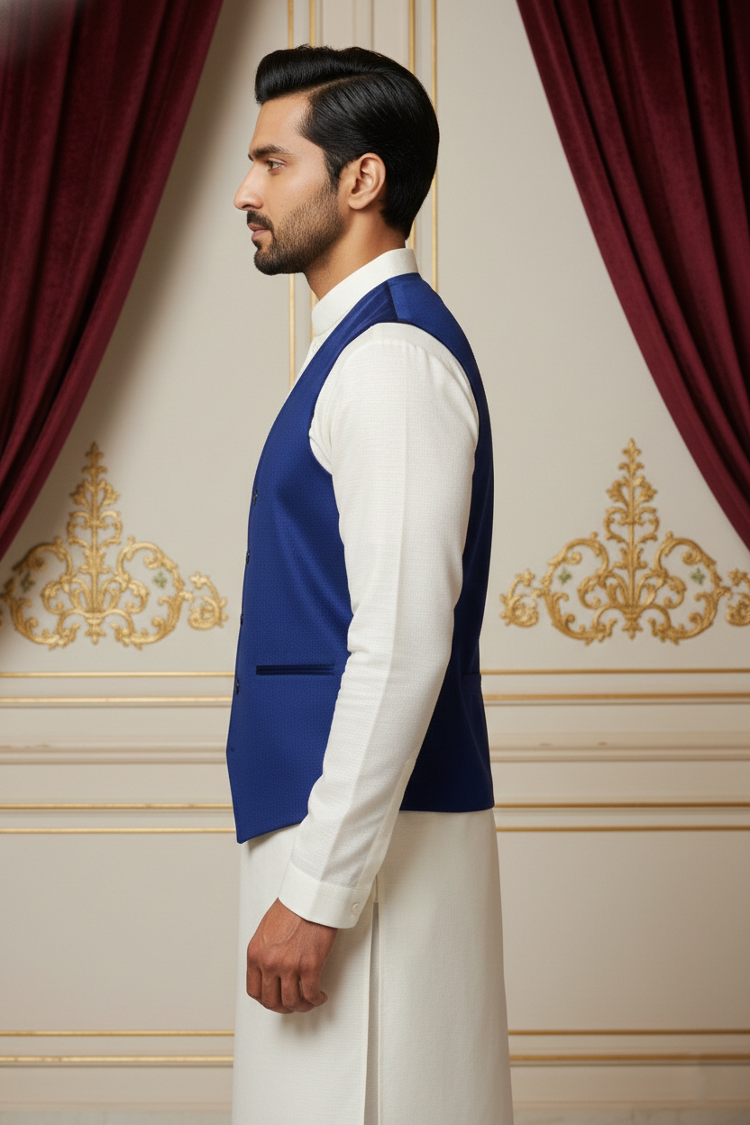 Men’s Dark Blue Nehru Jacket with Light Blue & Orange Thread Work | Festive Ethnic Waistcoat
