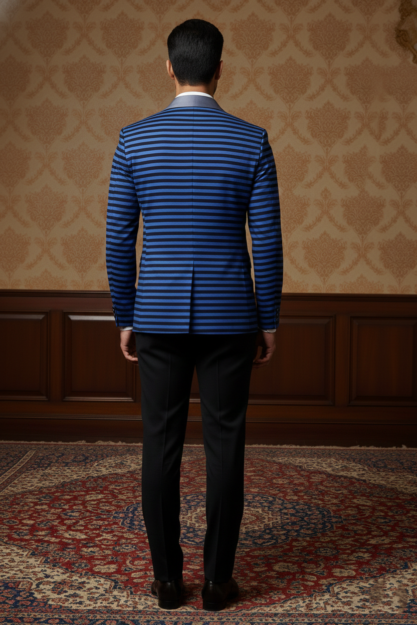 Men'sSlim-Fit Blue & Black Horizontal Striped Blazer , Modern Statement Tuxedo Jacket with Satin Shawl Lapel