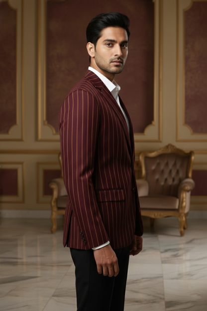 Men'sPremium Maroon Vertical Pinstripe Jacquard Blazer