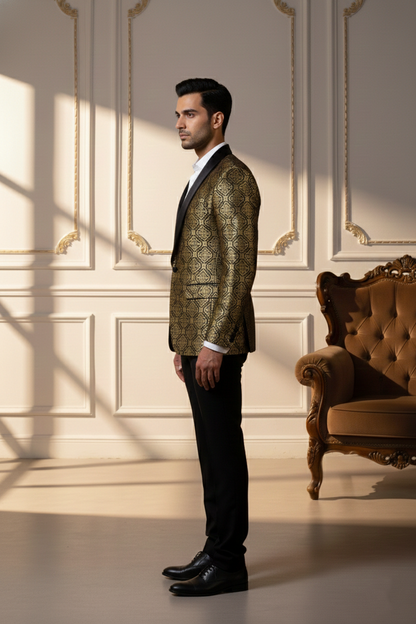 Men's Royal Gold & Black Banarasi Brocade Tuxedo Blazer , Slim Fit Evening Tux with Shawl Lapel