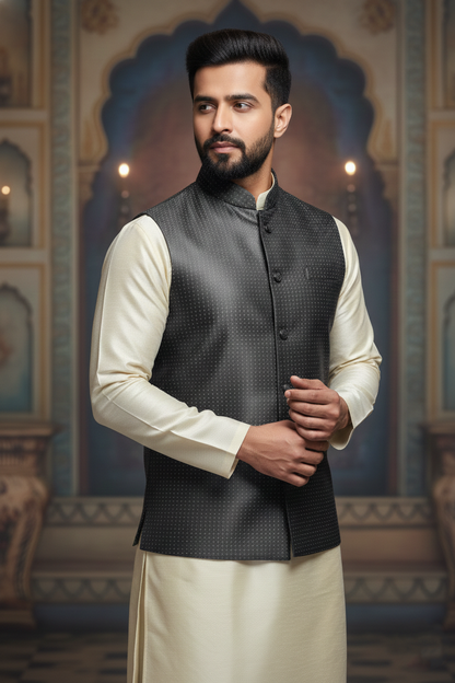 Men's Charcoal Grey Dotted Nehru Jacket – Slim Fit Metallic Ethnic Waistcoat for Weddings & Receptions