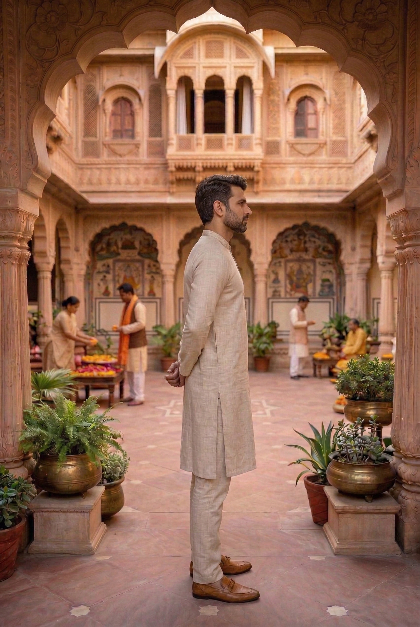 Men's Beige Cotton Linen Plain Kurta Pajama Set