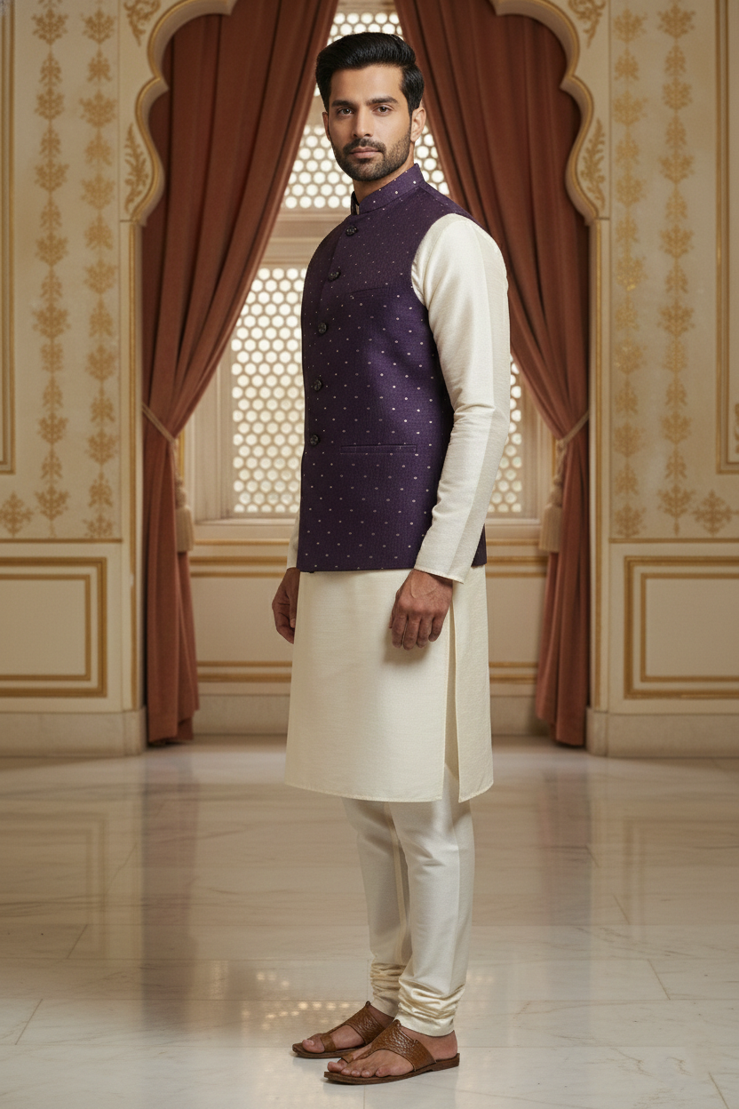 Men’s Purple Dotted Nehru Jacket with Ivory Kurta