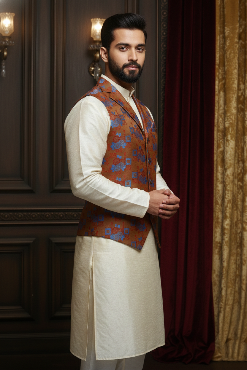 Men’s Rust Orange Floral Designer Waistcoat | Slim Fit Festive & Party Wear Vest