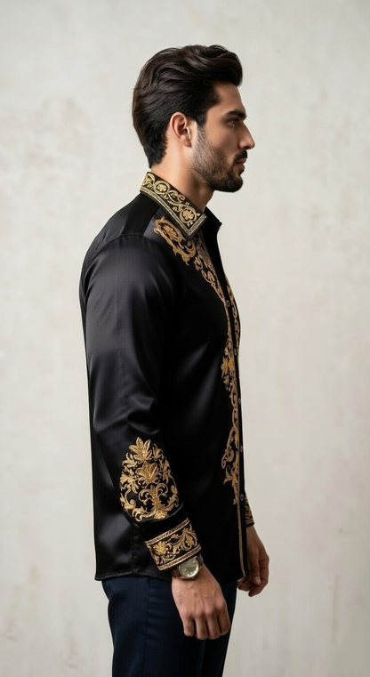 Men'sDesigner Slim-Fit Baroque Embroidered Silk-Sateen Shirt , Black & Royal Gold