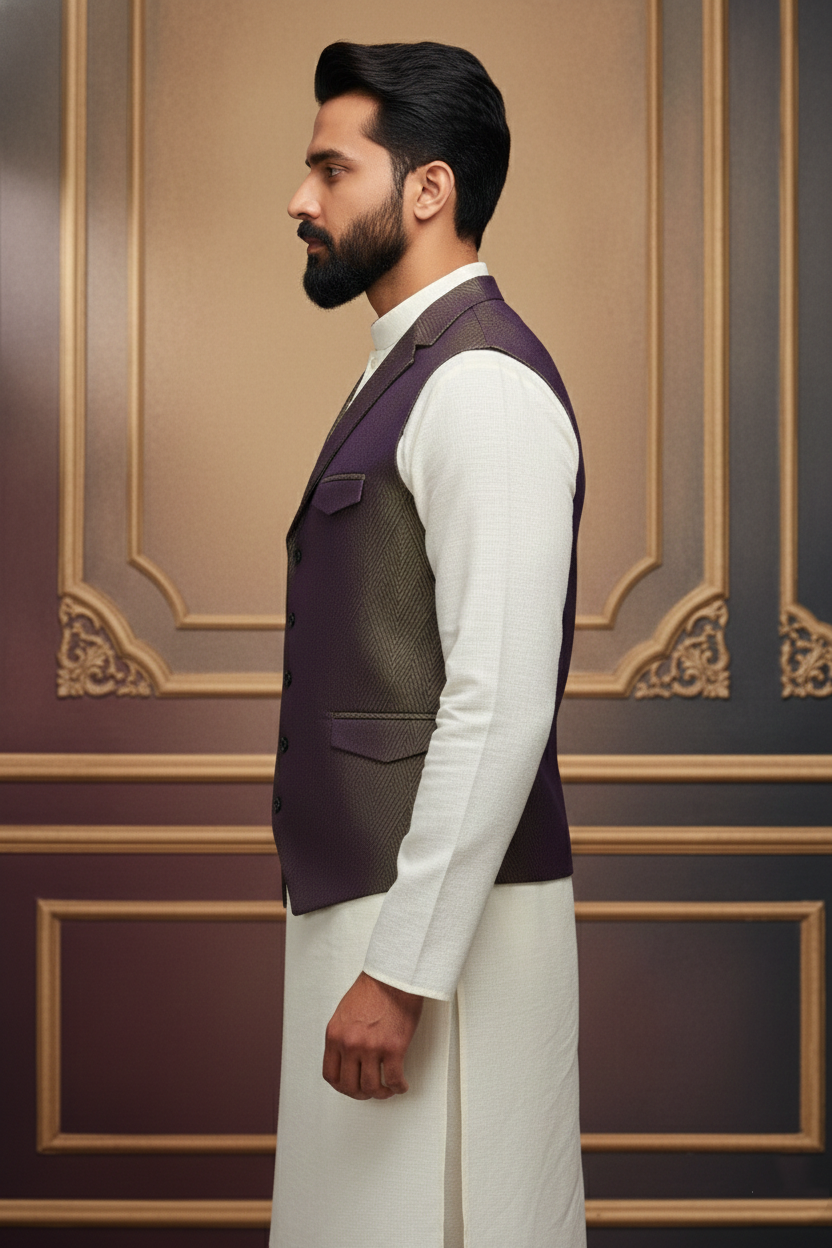 Men’s Olive & Purple Nehru Jacket with Ivory Kurta  Pajama