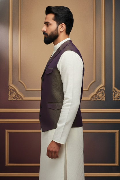 Men’s Olive & Purple Nehru Jacket with Ivory Kurta  Pajama