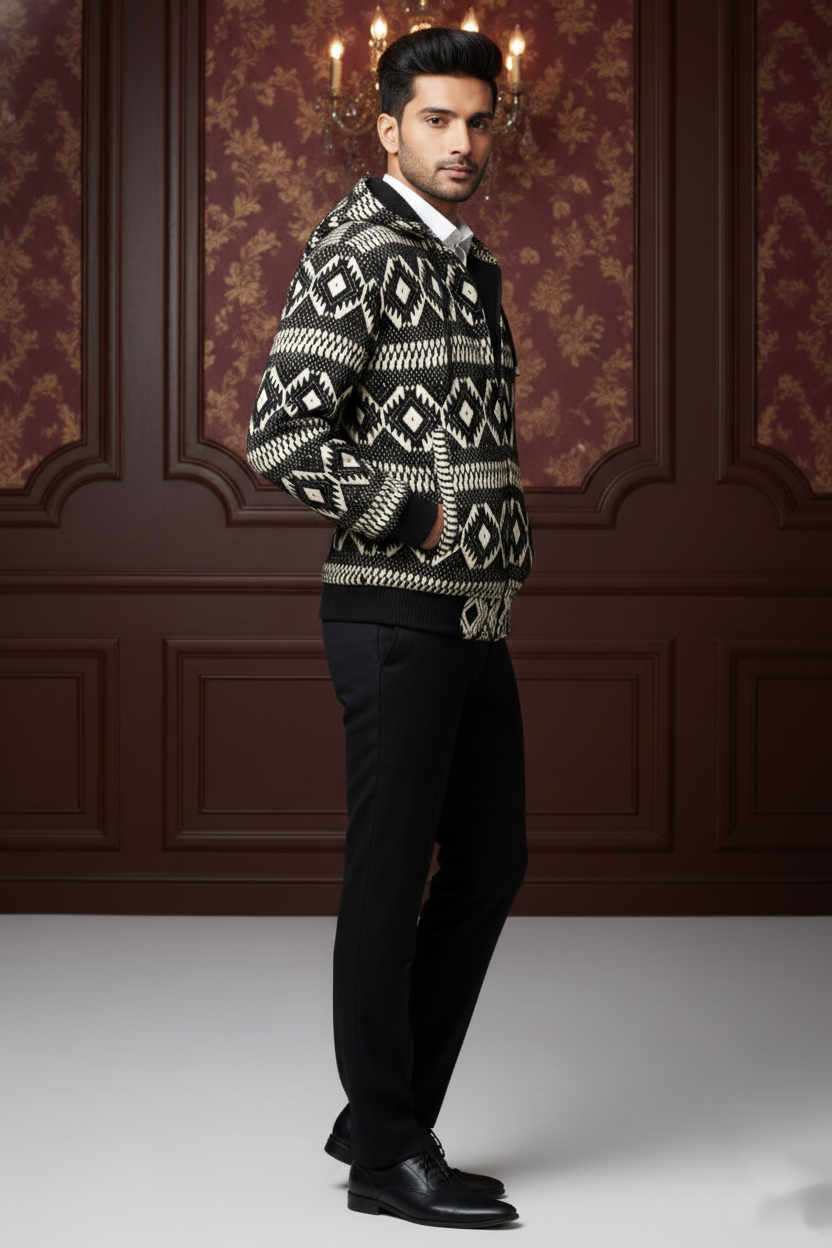 Men's Premium Geometric Knit Hooded Bomber Jacket , Patterned Full-Zip Winter Cardigan with Ribbed Cuffs