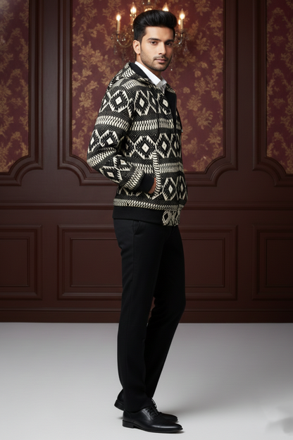 Men's Premium Geometric Knit Hooded Bomber Jacket , Patterned Full-Zip Winter Cardigan with Ribbed Cuffs