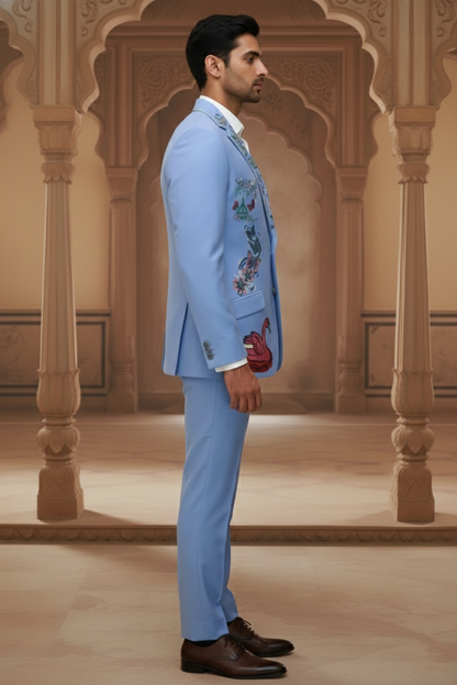 Royal Blue Designer Blazer with Rose Garden Floral Embroidery , Premium Slim Fit Wedding Tuxedo