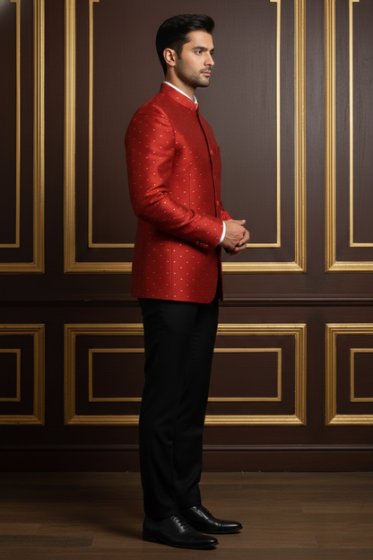 Men's Premium Red Jacquard Silk Bandhgala Blazer , Ethnic Jodhpuri Suit Jacket for Weddings & Formal Occasions