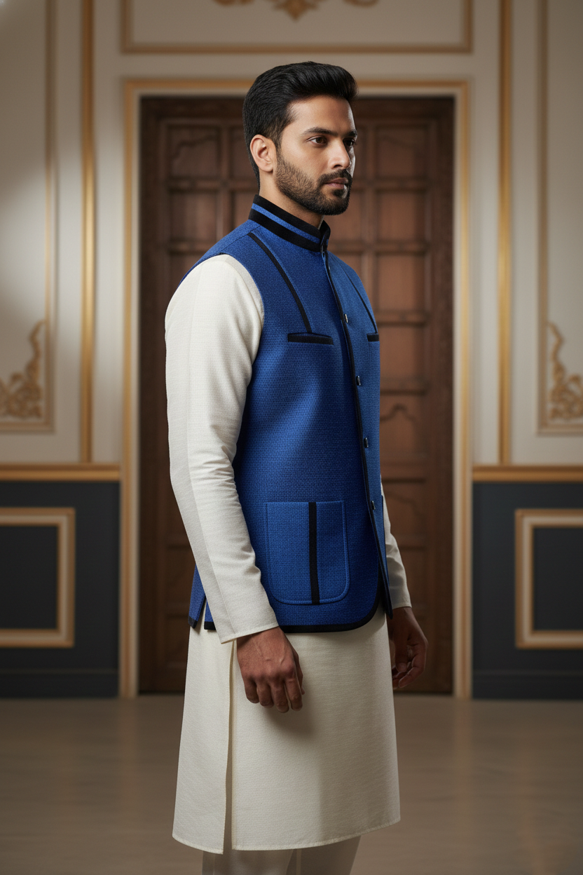 Men’s Dark Blue Nehru Jacket with Black Piping | Designer Ethnic Waistcoat
