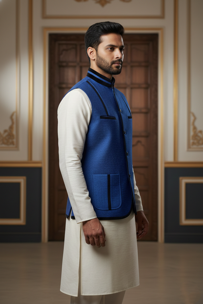Men’s Dark Blue Nehru Jacket with Black Piping | Designer Ethnic Waistcoat