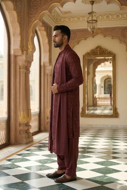 Men's Wine Geometric Sequin Designer Kurta Pajama