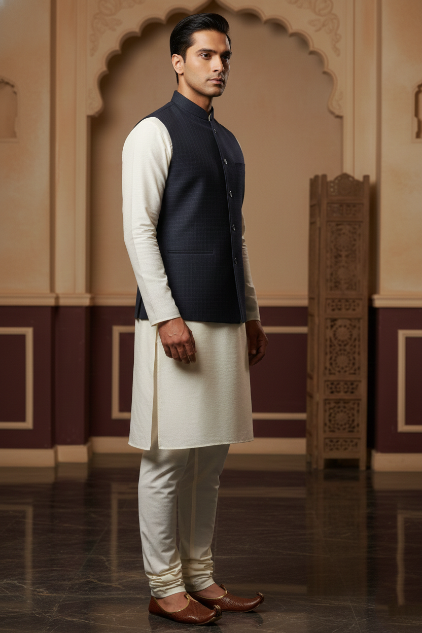 Men’s Navy Blue Nehru Jacket with White Contrast Lining | Ethnic Waistcoat