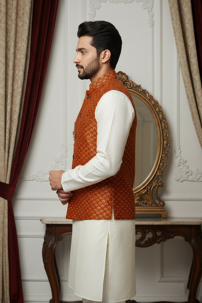 Men’s Rust Jacquard Nehru Jacket with Ivory Kurta  Pajama