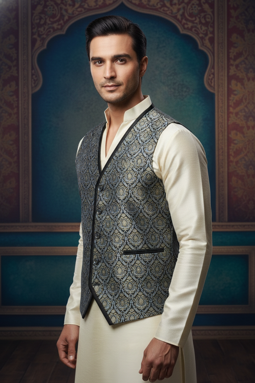 Men's Luxury Jacquard Banarasi Silk Waistcoat | Slim Fit V-Neck Ethnic Jacket for Wedding, Party & Festive Wear | Premium Floral Brocade Design