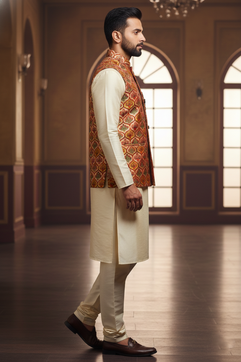 Title: The Art of Regality: Contemporary Printed Bundi and Silk Kurta Set