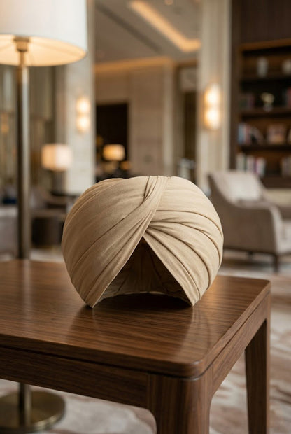 Classic Sand Beige Formal Turban , Premium Pleated Wrap