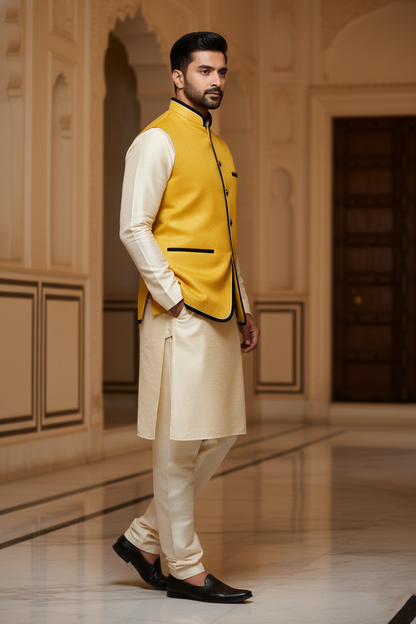 Mustard Yellow Nehru Jacket with Cream Kurta Set