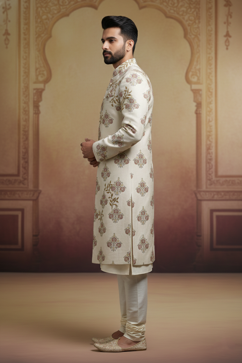 Cream Sherwani with Gold & Maroon Embroidery