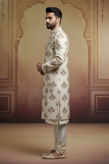 Cream Sherwani with Gold & Maroon Embroidery