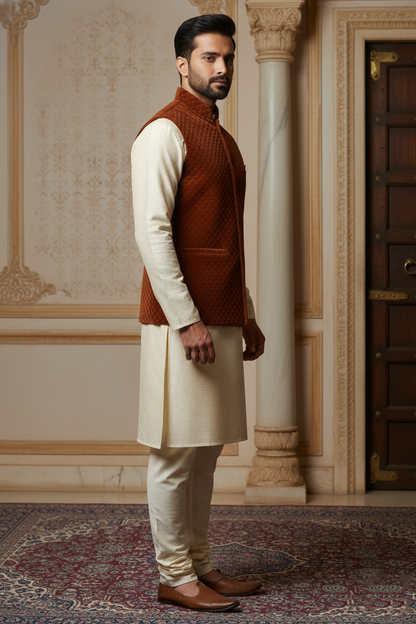 Men’s Rust Orange Quilted Velvet Nehru Jacket