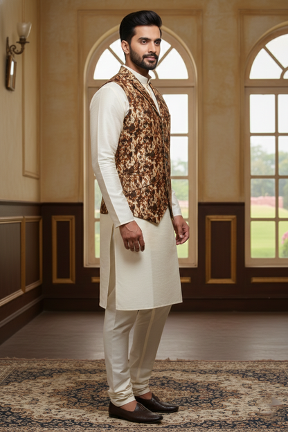 Men’s Printed Ethnic Nehru Jacket | Traditional Buttoned Waistcoat for Kurta | Festive & Wedding Wear Sleeveless Vest