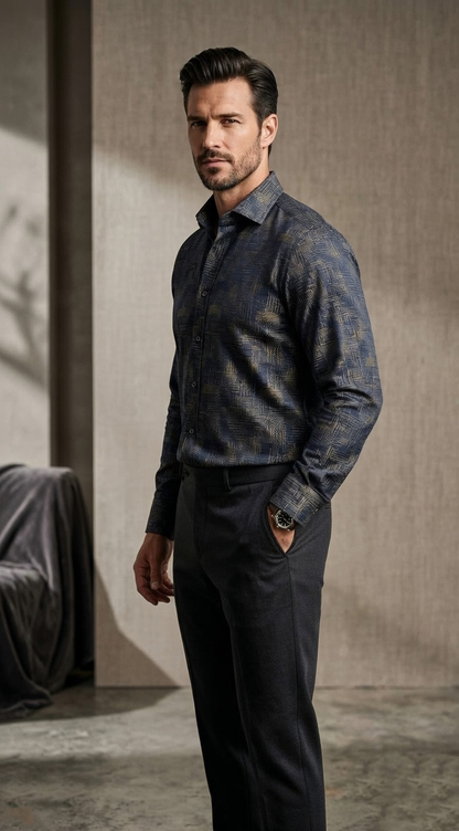Designer Men'sNavy & Gold Jacquard Shirt , Abstract Cross-Hatch Textured Dress Shirt