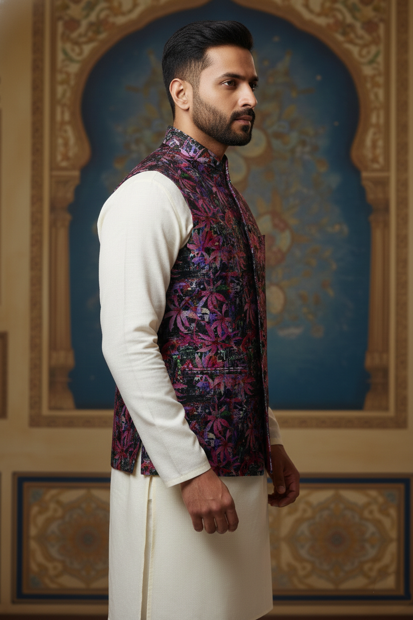 Title: The Violet Nocturne: Contemporary Floral Fusion Nehru Ensemble