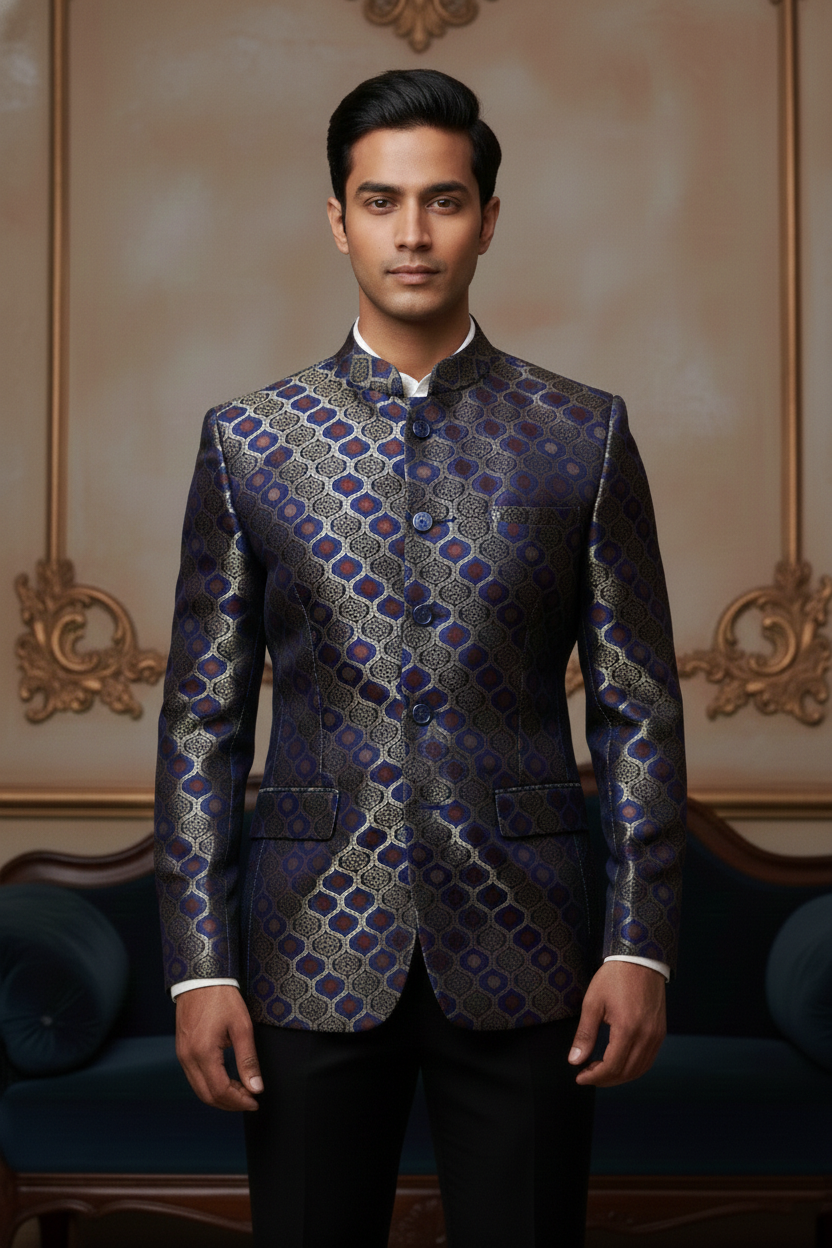 Men'sRoyal Blue & Gold Banarasi Brocade Jodhpuri Blazer , Luxury Ethnic Evening Wear
