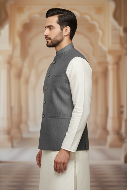 Men's Charcoal Pinstripe Nehru Jacket &  Cream Kurta Set