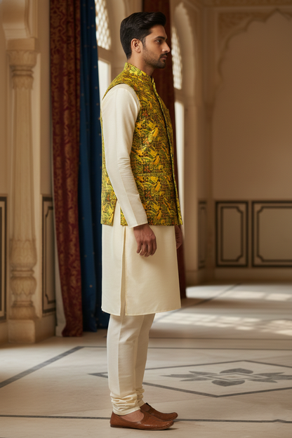Sun-Drenched Citron: The Radiant Geometric Nehru Jacket