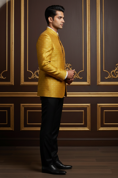 Men's Mustard Yellow Woven Jacquard Bandhgala Blazer , Premium Silk Blend Ethnic Jodhpuri Suit.