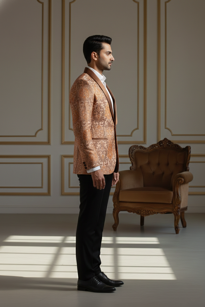 Men'sRose Gold Paisley Jacquard Tuxedo Blazer with Satin Shawl Lapel