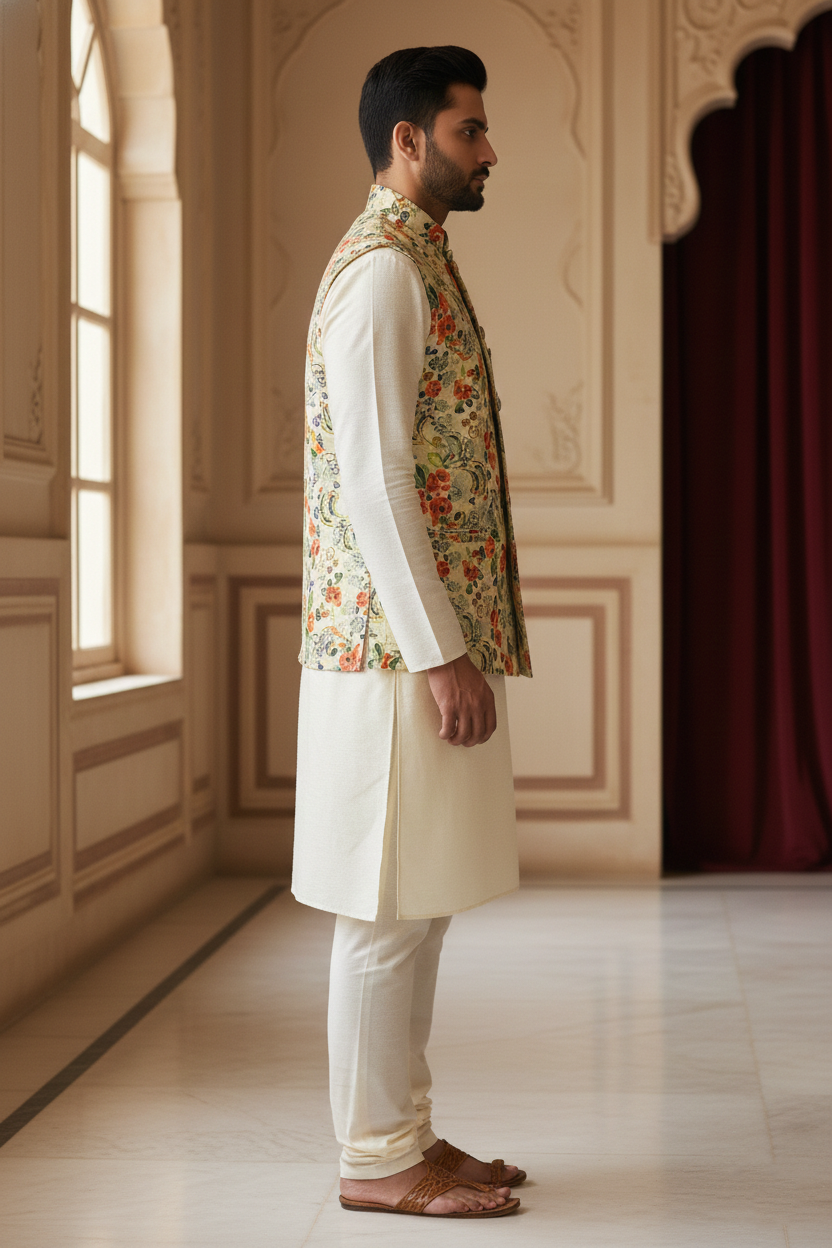 Title: Floral Tapestry: The Ivory and Multi-Chrome Nehru Ensemble