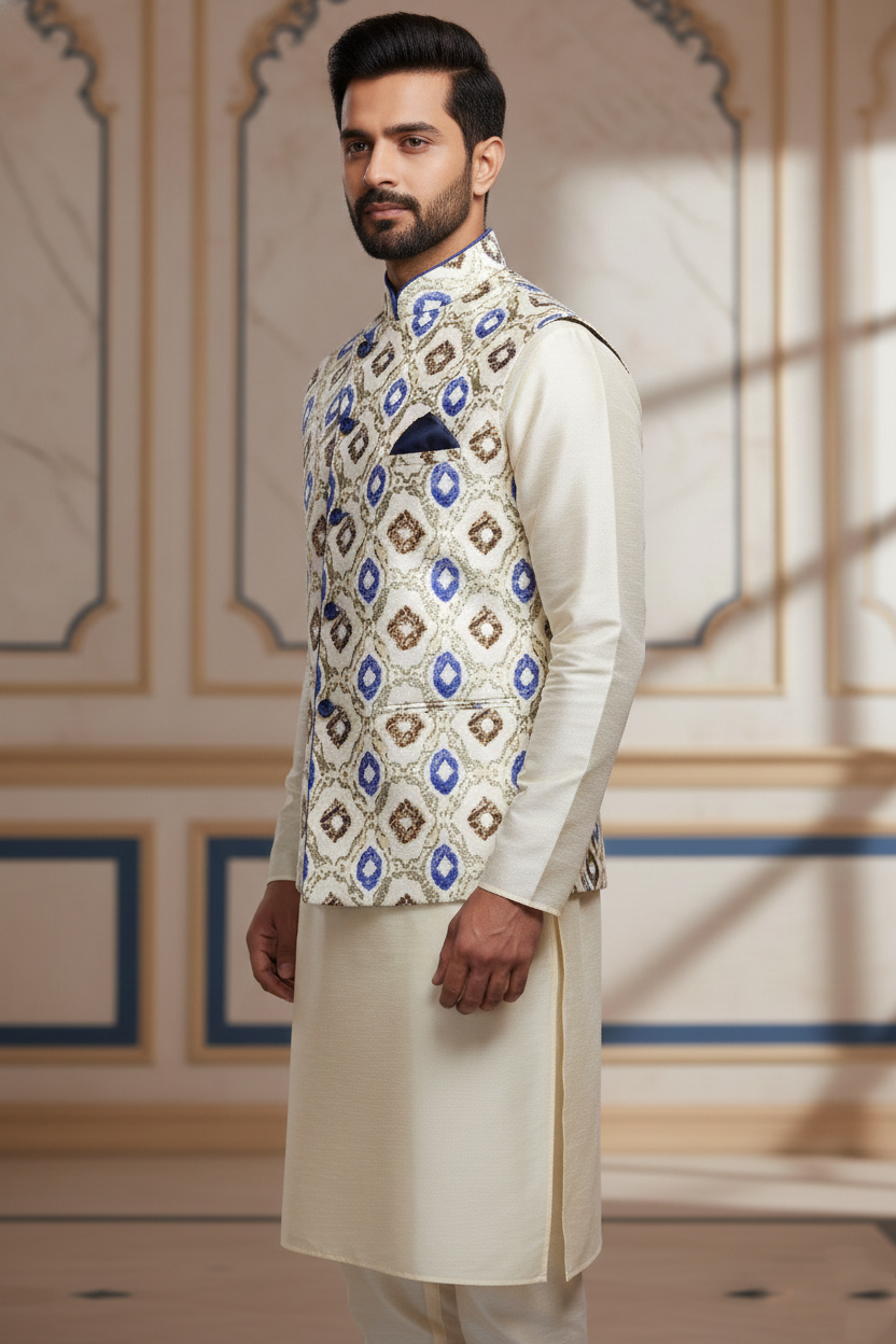 Men's AsyVBetric Print Waist Coat , Cream & Blue Geometric Ethnic Waistcoat