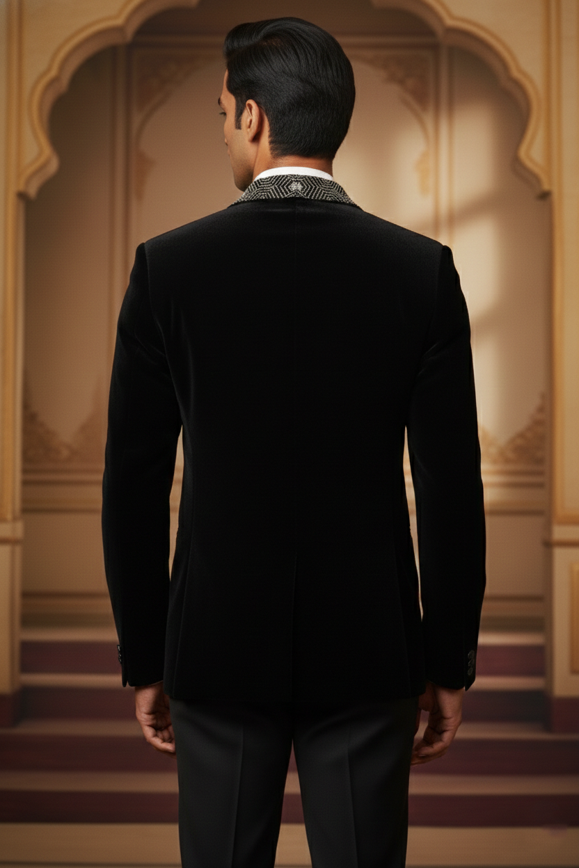 Midnight Black Velvet Blazer with Geometric Embroidered Lapels , Slim Fit Indo-Western Tuxedo