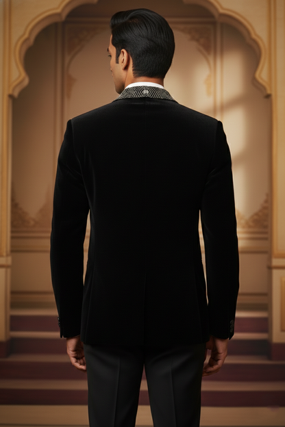 Midnight Black Velvet Blazer with Geometric Embroidered Lapels , Slim Fit Indo-Western Tuxedo