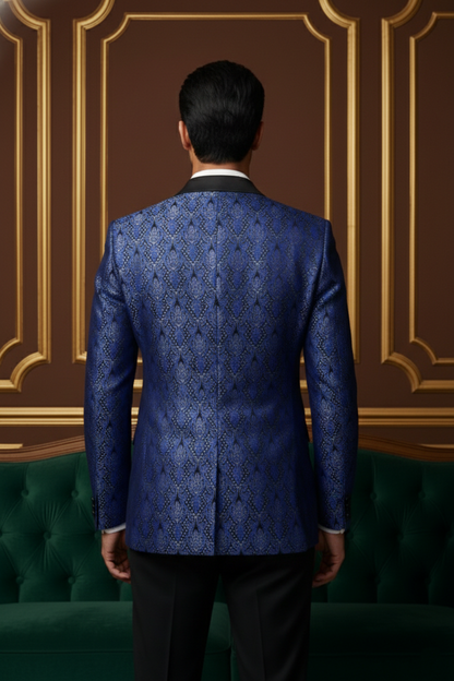 Royal Blue Jacquard Tuxedo Blazer with Satin Peak Lapels