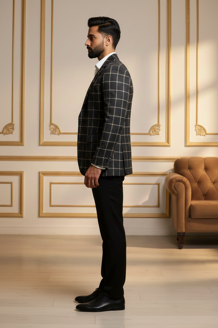 Men's Charcoal Grey Windowpane Check Slim-Fit Blazer