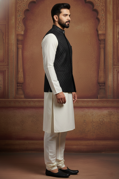 Men’s Black Quilted Nehru Jacket with Ivory Kurta