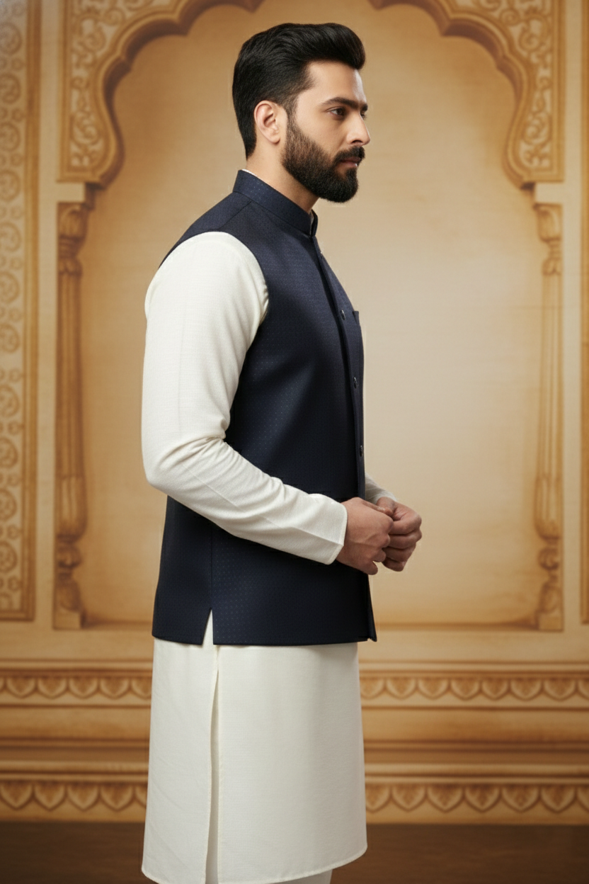 Navy Blue Sleeveless Nehru Jacket with Cream  Kurta Set